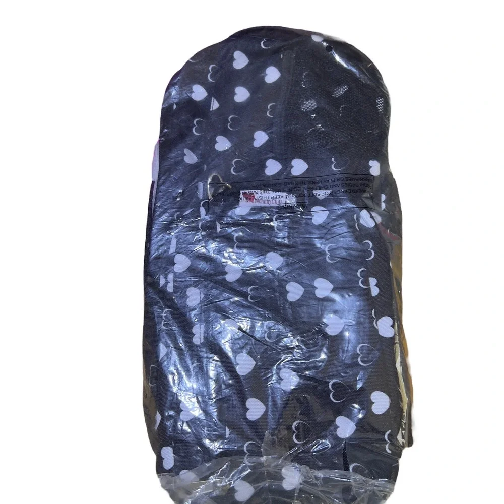 Universal Baby Stroller Organizer Black Background White Hearts Zips‎ NIP